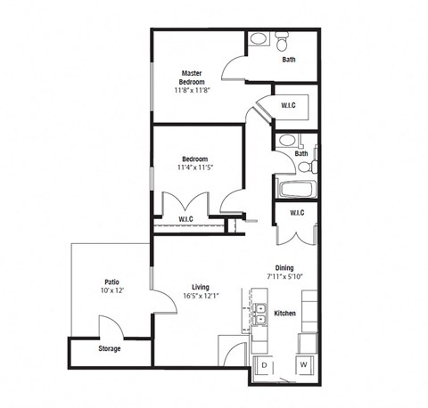 Floor plan for 2 beds, 2 baths, 986 sqft